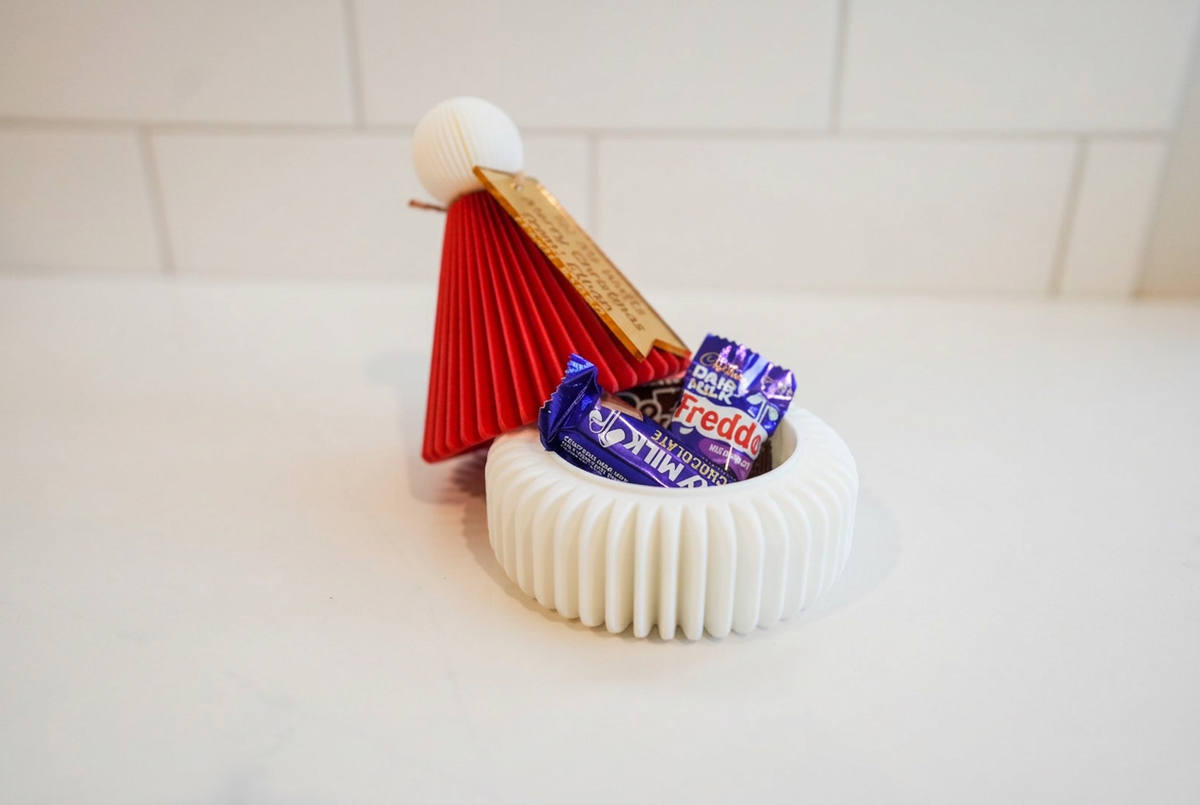 Santa Hat Treat Holder with personalised tag.